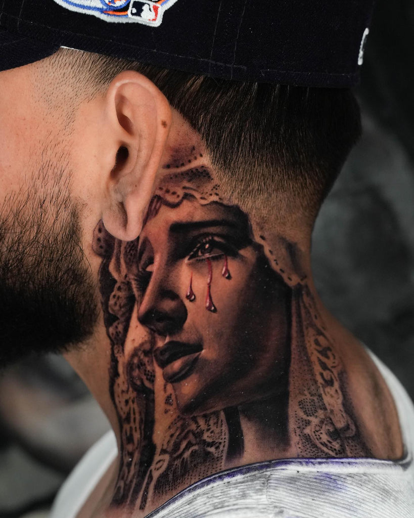 Amazing cross elegant neck tattoo by Juan Sanchez @juansancheztattoo from  @venicetattoolovers ! @inkedmag @worldofartists @gq @ink | Instagram